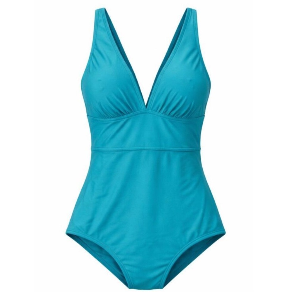 Kona Sol Blue V-Neck One-Piece Swimsuit Size L | Wide Strap Medium Coverage